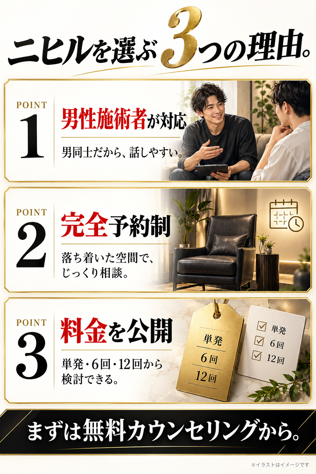 男性施術者対応、完全予約制、単発6回12回の料金公開。人物や空間はイメージ。